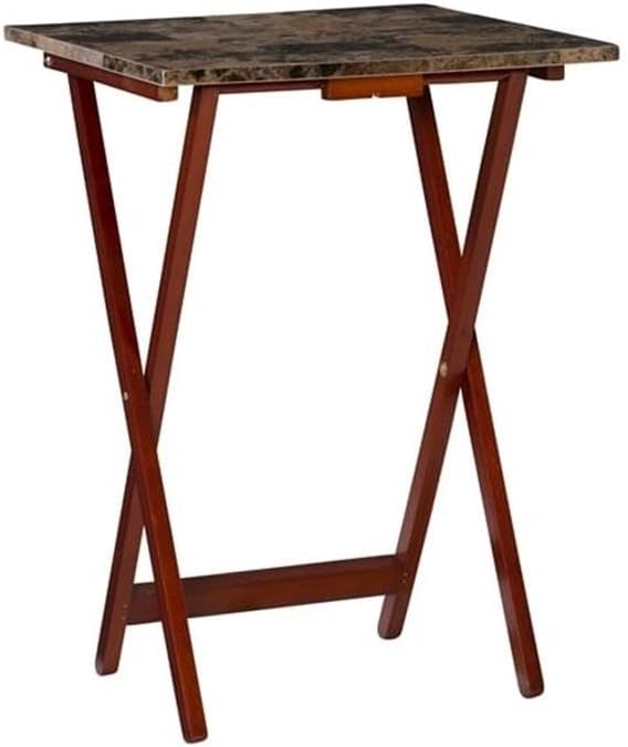 Riverbay Furniture 5 Piece TV Tray Table Set, Faux Marble Tops, Rubberwood and MDF, Brown Finish, Includes 4 Folding Tray Tables and 1 Storage Stand, Compact Design for Living Room or Home Use