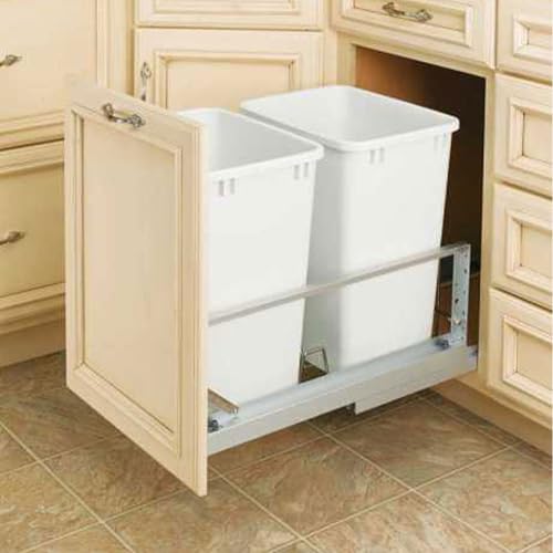 Rev-A-Shelf 35 Qt Aluminum Bottom Mount Double Pullout Waste Container w/Soft-Close for Base Kitchen Cabinets, Min. 15" Opening Width, Silver & White, 5349-15DM18-2