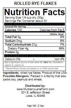 Rolled Rye Flakes 2 Pounds Non-GMO, Product of USA, Mulberry Lane Farms