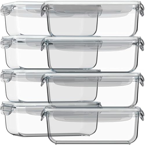 Razab 16 Pc (Set of 8) 30 Oz Glass Meal Prep Containers with Lids, Airtight Large Glass Food Storage Containers, Reusable Leak Proof BPA Free, Freezer to Oven and Dishwasher Safe