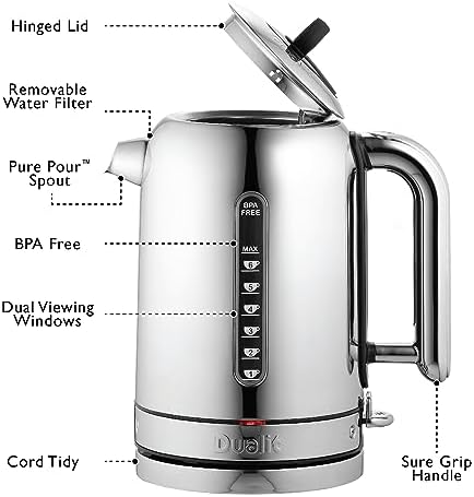 Dualit Classic Kettle - Polished Stainless Steel with Black trim- Quiet boiling kettle - 90 Second Boil Time - 1.7L Capacity, 1.5kW