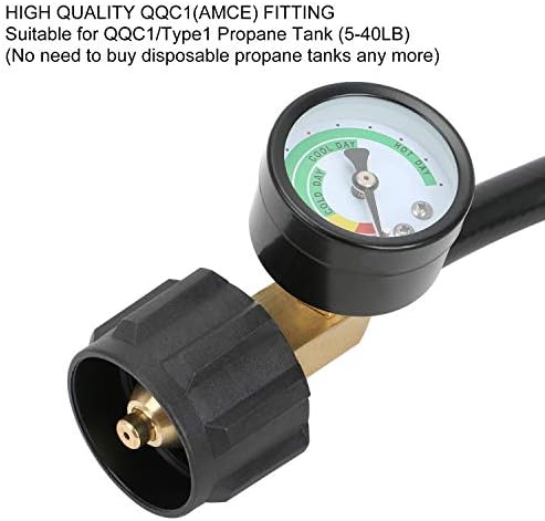 STYDDI 1lb to 20lb Propane Adapter Hose with Gauge, 4FT Propane Hose Converter Kit 1 lb to 20 lb for Weber Q Grill, Coleman Camp Stove