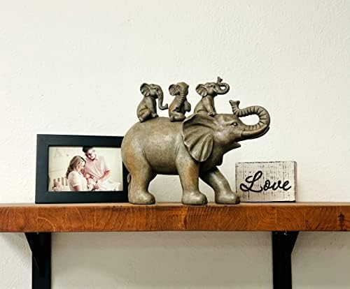 Nature's Mark 8" H 3 Baby Elephants Riding an Elephant Resin Statue Figurine Home Decorative Accent Decor (Brown)