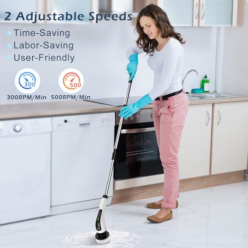 Electric Spin Scrubber, Power Shower Cleaning Brush with Long Handle | Cordless Cleaning Scrubber, 7 Replaceable Brush Heads, 90Mins Work Time