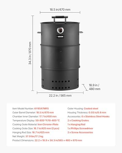 VEVOR Charcoal Smoker Grill, 18.5" Barrel Charcoal BBQ Smoker, Coated Steel Outdoor Barbecue Grill with 2 Grilling Grates, 1 Hanging Rod