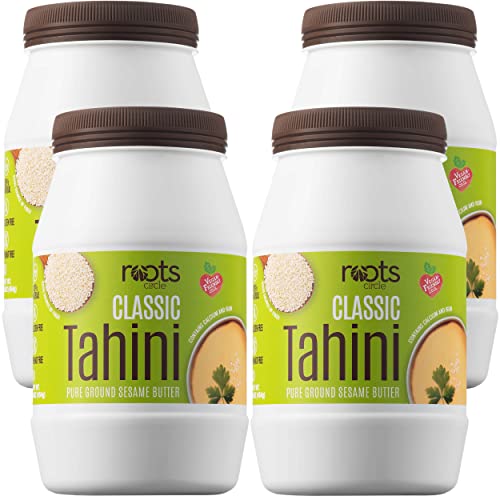 Roots Circle All-Natural Sesame Tahini Paste | 100% Pure Rich & Creamy Ground Sesame Seed Paste for Hummus, Tahini Sauce, Dressing & Dips | Vegan, Kosher | Non-GMO, Gluten & Peanut-Free | 2 Jars 16 Oz
