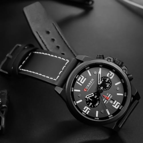 FANMIS Mens Classic Analog Quartz Chronograph Sandwich Dial Leather Watch