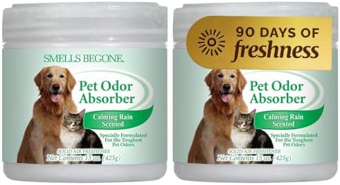 SMELLS BEGONE 15oz Gel Odor Eliminator - Absorb & Remove Tough Odors in Pet Areas, Bathrooms, Basements, Garage, Cars, RVs & Boats - Eliminate Odors Quickly (1-Pack, Pet Calming Rain)