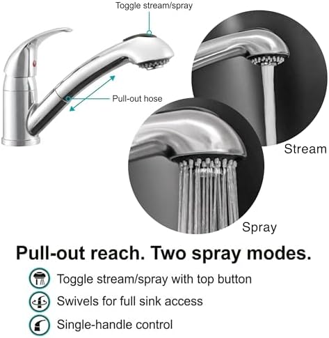Dura Faucet DF-NMK852-WT RV Pull-Out Swivel Kitchen Sink Faucet (White) | One-hole, single-handle design with smooth lever control for galley cleanup. Easy DIY install with common hand tools.