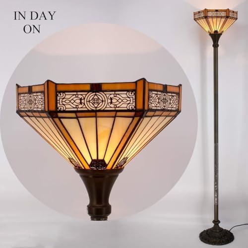 WERFACTORY Tiffany Floor Lamp Yellow Hexagon Stained Glass Mission Light | 12X12X71 Inches Torchiere Standing Corner Torch Uplight Decor Bedroom