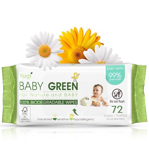 Yugi Green Baby Wipes for Babies Unscented, Made with Renewable Plant Fibers, Plant-Based, Fragrance-Free, for Sensitive Skin, 12 Packs, 72 Count