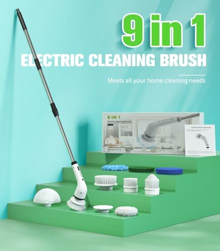Electric Spin Scrubber, 3-Speed Flat End Brush with 8 Brush Heads & Base, IPX7 Waterproof, Adjustable Long Handle, Digital Display, 2500mAh Fast Charging, for Bathroom, Tub, Tile, Floor