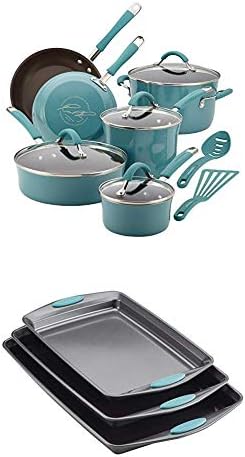 Rachael Ray 16344 12-Piece Aluminum Cookware Set, Agave Blue with Rachael Ray Nonstick Bakeware Cookie Pan Set, 3-Piece