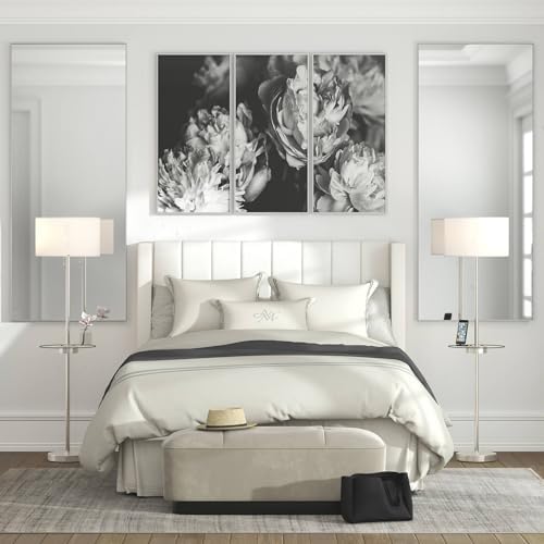 360 Lighting Caper 60 1/2" Tall Nickel Tray Table USB and Outlet Floor Lamp | Modern with AC Power on Glass 5 Satin White Fabric Drum Shade for Living Room Reading House Bedroom