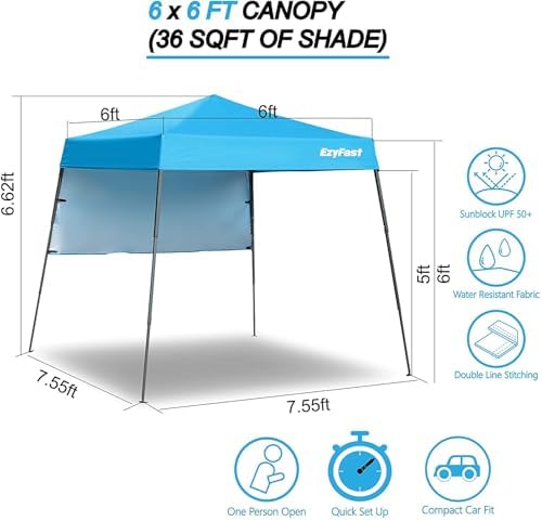 EzyFast Ultra Compact Backpack Canopy, Pop Up Shelter, Portable Sports Cabana, 7.5 x 7.5 ft Base / 6 x 6 ft top for Hiking, Camping, Fishing, Picnic