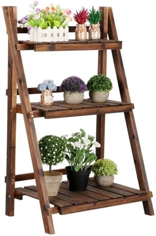 Yaheetech Wooden Plant Stand, 3-Tier Foldable Ladder Shelf, Indoor Outdoor | 23.6 x 15 x 36.6 in Plant Ladder for Pots and Flowers