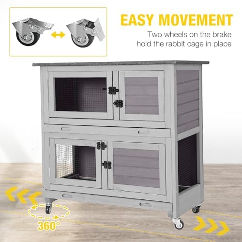 Aivituvin Rabbit Hutch, Indoor Bunny Cage with Run Outdoor Rabbit House with Two Deeper No Leak Trays - 4 Casters Include (Grey)