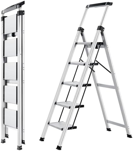 XinSunho 3 Step Ladder, Aluminum Folding Stool with Retractable Handgrip