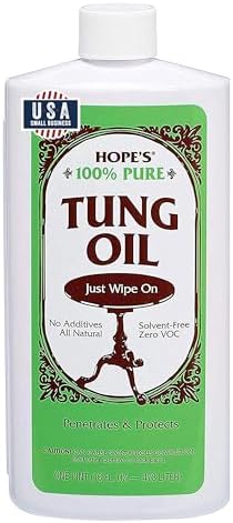 HOPE'S 100% Pure Tung Oil, Food Safe, Premium Waterproof Natural Wood Finish and Sealer for Indoor and Outdoor Projects,16 Fl Oz, 1 Pack