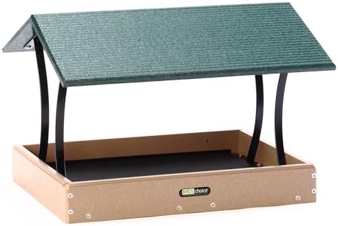 Birds Choice SNFT-300 Fly-Thru Feeder, Recycled Pole Mounted Bird Feeder, Large, Taupe/Green | Recycled Plastic Platform with Roof, Welcomes Cardinals, Jays and Other Wild Birds, 19in x 15.75in x 13in