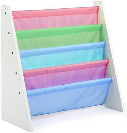 Humble Crew Kids Bookshelf, Montessori Front Facing Toddler Bookcase 4 Tier | Book display rack and reading nook organizer, nylon pockets show covers face out, compact for any playroom or bedroom space