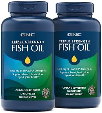 GNC Triple Strength Fish Oil Omega 3 Supplement, 1000mg EPA and DHA, Supports Heart, Brain, Skin, Eye and Joint Health, 60 Softgels