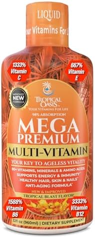 Mega Premium Liquid Multivitamin | Natural Immune Support Vitamin w/ 1333% Vitamin C, 200% D3, Zinc + 20 Vitamins, 70 Minerals, & 21 Amino Acids | Sugar Free | Orange Flavor | 98% Absorption | 32 Serv