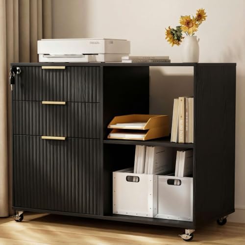 3 Drawer Fluted Mobile Filing Cabinet with Lock, Lateral Rolling Under Desk File Cabinet, Wooden Printer Stand Table for Home Office Essentials Storage Organization Furniture Letters/A4(Oak)