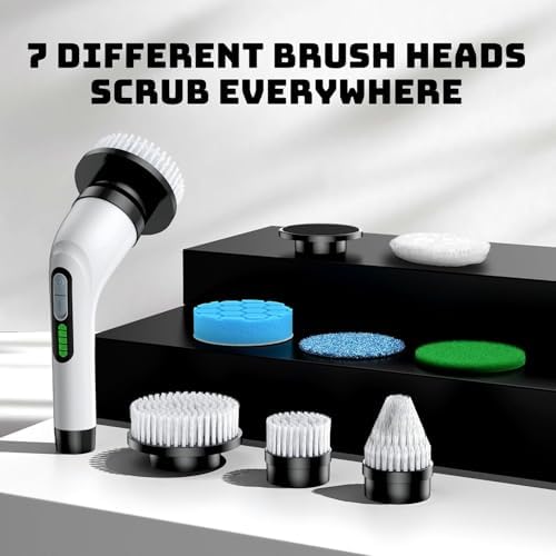 Electric Spin Scrubber for Bathroom: Shower Scrubber with Long Handle | Dual Speed Cordless Power Cleaning Scrub, 7 Brush Heads