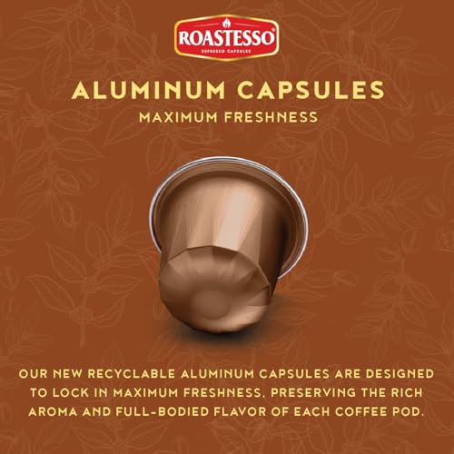 Roastesso, Aluminum Espresso Capsules, Flavors Variety Pack, Natural Flavored Coffee Pods with French Vanilla, Caramel, Chocolate & Hazelnut