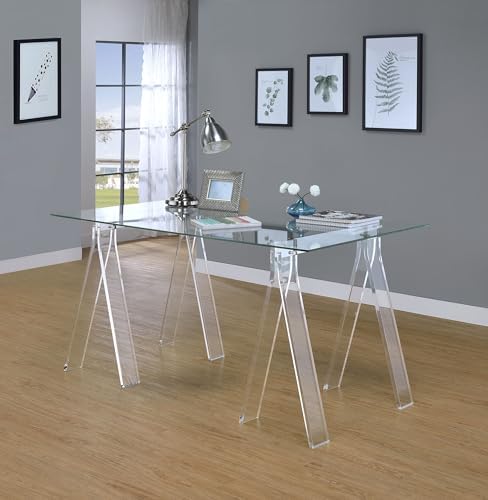 Coaster Home Furnishings – Amaturo – Glass & Metal – 59-Inch Transparent Design Writing Desk with Tempered Glass Top, Chrome Supports