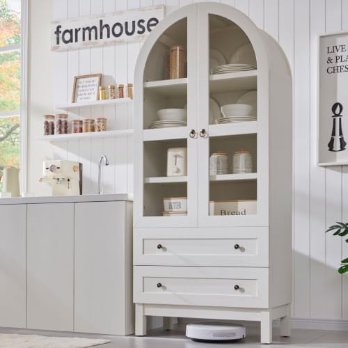 IFGET 71" Tall Arched Kitchen Pantry, Modern Farmhouse Wood Kitchens Storage Cabinets with 2 Large Drawers and Adjustable Shelves, Versatile Cupboard for Kitchen, Dining Room, Bathroom, Natrual