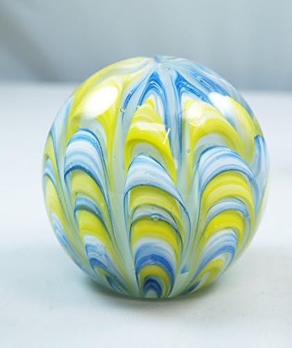 M Design Art Handcraft Glass Art Rainbow Swirls Yellow Blue Handmade Art Glass Paperweight