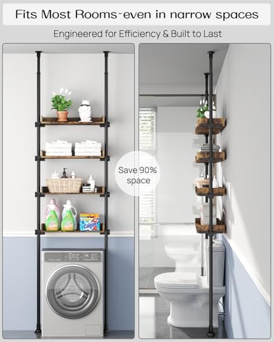 ALLZONE Bathroom Organizer, Over The Toilet Storage, 4-Tier Adjustable Wood Shelves for Small Rooms, Saver Space Rack, 92 to 116 Inch Tall