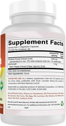 Best Naturals Rhodiola with Bioperine 1000mg Serving - 120 Veggie Capsules