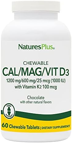 NaturesPlus Calcium/Magnesium/Vitamin D3 with Vitamin K2 - 60 Chewable Tablets - Supports Bone & Immune Health - Vanilla Flavor - Gluten Free - Up to 30 Servings