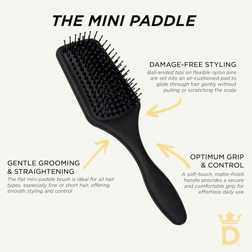Denman (Black) Mini Paddle Cushion Hair Brush for Blow Drying, Detangling & On the Go Travel - Comfortable Styling