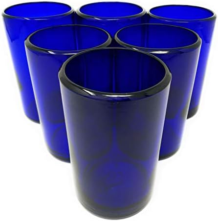 Hand Blown Mexican Drinking Glasses – Set of 6 Cobalt Water Glasses (14 oz each)