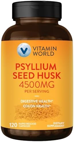 Vitamin World Psyllium Husks Capsules, 4500 mg Per Serving, 120 Capsules | Fiber Supplement for Digestive Health and Regularity, Gluten-Free,