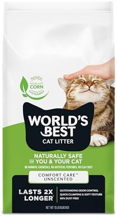 World's Best Cat Litter, Comfort Care, Unscented, Odor Control, 8 lb Bag | Gentle odor control for sensitive cats and lasts 2x longer; natural corn litter, quick clumping, flushable, 99% dust free