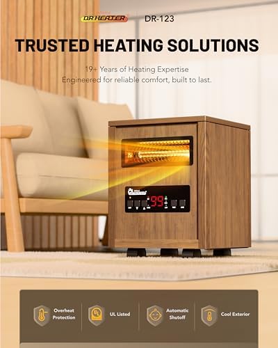 DR. INFRARED HEATER DR-998, 1500W Dual Heating Infrared Space Heater with Humidifier, Oscillation, Remote Control, Thermostat & Safety Protection, Portable with Wheels, Energy Efficient, Cherry
