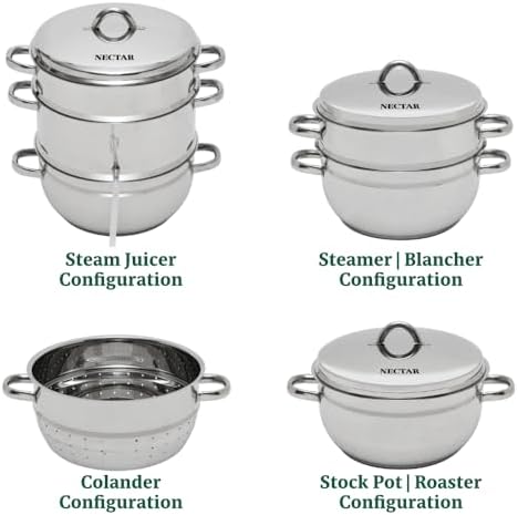 VINEYARD Deluxe Stainless Steel Steam Juicer & Roaster Set - Induction Friendly, Tempered Glass Lid, Cool-Touch Handles, 8 Quart Capacity