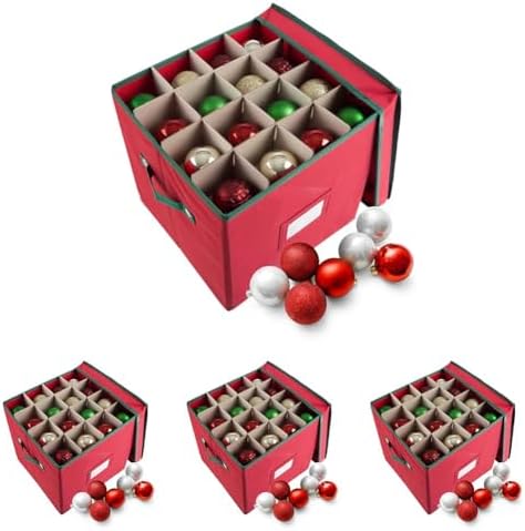 Christmas Decor Storage Box - Red Oxford Canvas Ornament Cube Chest With 64 Compartment Dividers, Riveted Handles, and Lid by Elf Stor