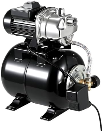 1HP Stainless Steel Water Transfer Pump with Well Pressure Tank – Shallow Well Pump & Irrigation Pump Combo, 130ft Max Lift, 20ft Suction Lift, Automatic Pressure Switch for Farm Use