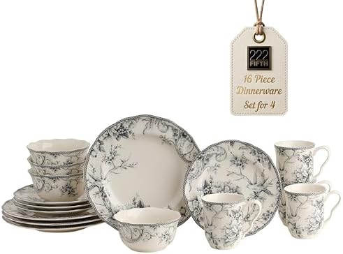 222 Fifth Adelaide 16-Piece Black Porcelain Dinnerware Set – Service for 4, Featuring Hand-Applied Romantic Woodland Bird Design