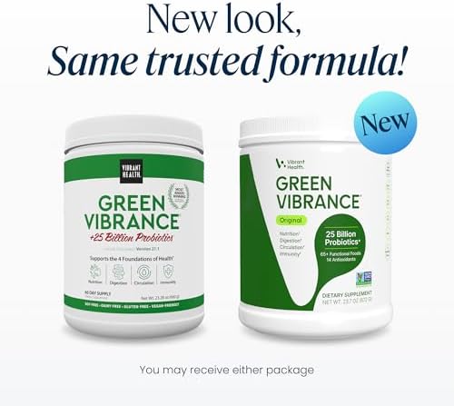 Vibrant Health, Green Vibrance, Includes 65 Plant-Based Superfoods, 25 Billion Probiotics, Fiber, Adaptogens & Enzymes, 30 Servings