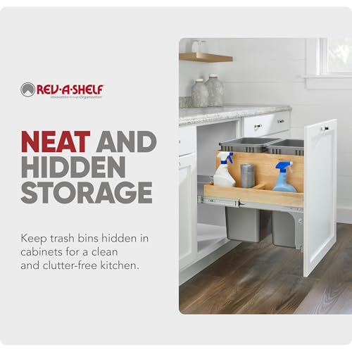 Rev-A-Shelf Double Top-Mount Pullout Trash Can, Min Opening 15" W, 35 Qt | Under Kitchen Cabinet Large Capacity Waste/ Recycling Containers, 150 Lbs Rated Full-Extension Slides, 4WCTM-18BBSCDM2 Silver