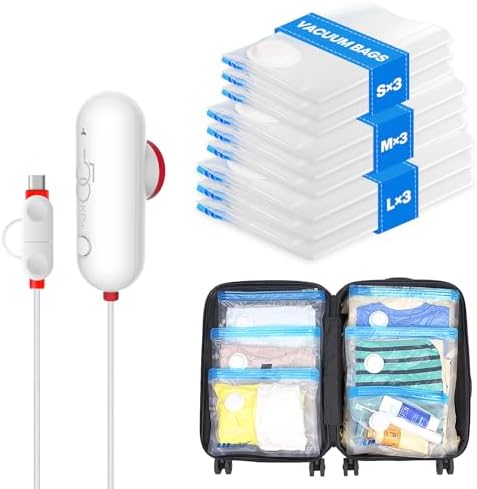 VMstr 15 Pack Travel Vacuum Storage Bags with USB Pump, Vacuum Packing Seal for Luggage and Suitcase, Space Saver for Clothes and Clothing Travel