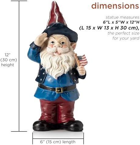 Alpine Corporation 12" Tall Outdoor Patriotic Garden Gnome Saluting Yard Statue Decoration