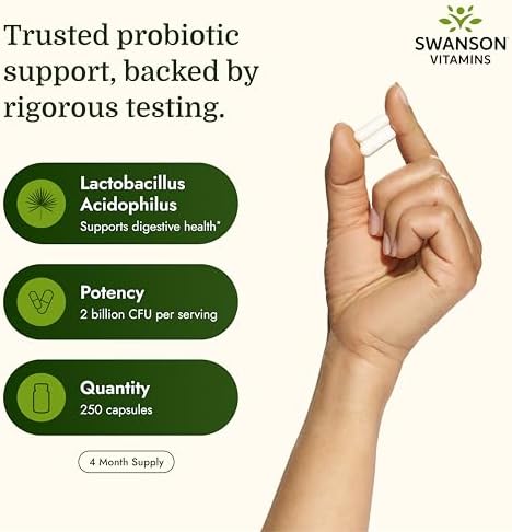 Swanson Lactobacillus Acidophilus Probiotic for Adults Seeking Daily Digestive and Bowel Health Support with 1 Billion CFU - Acid-Resistant (250 Capsules, 3 Pack)